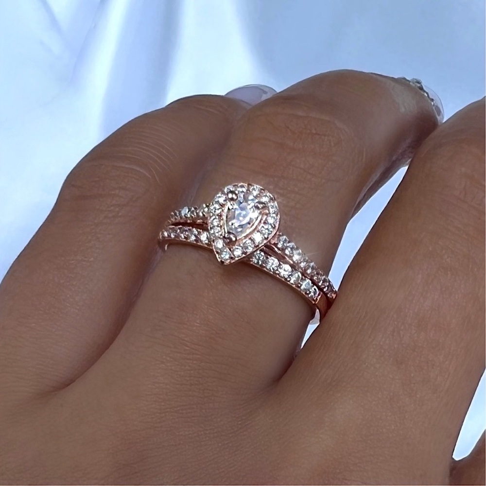 Rose Gold Plated 925 Sterling Silver Simulated Diamond Engagement Stackable Ring